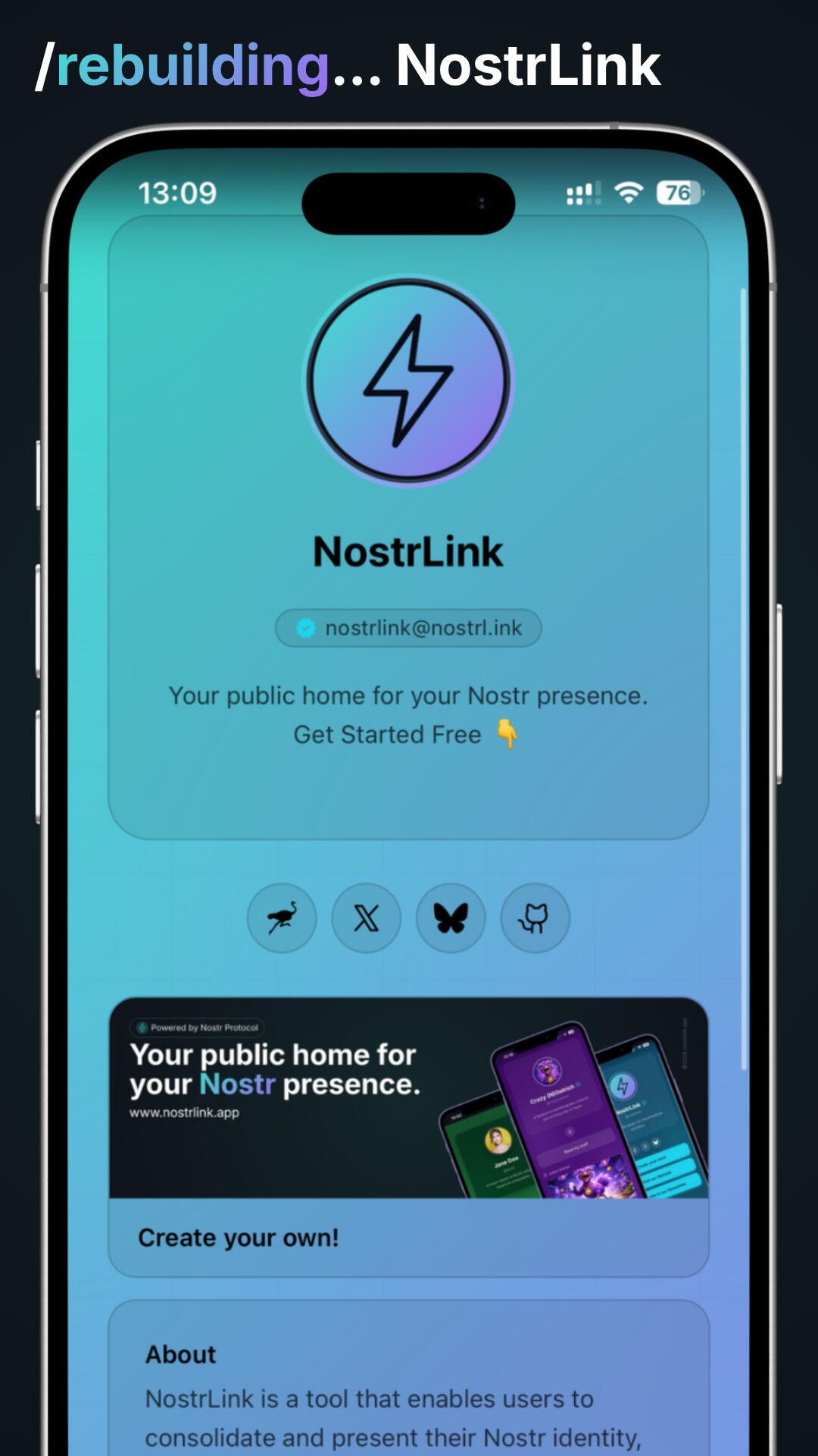 Mockup of an old NostrLink user page, showing social media link icons, a profile picture, and about text.