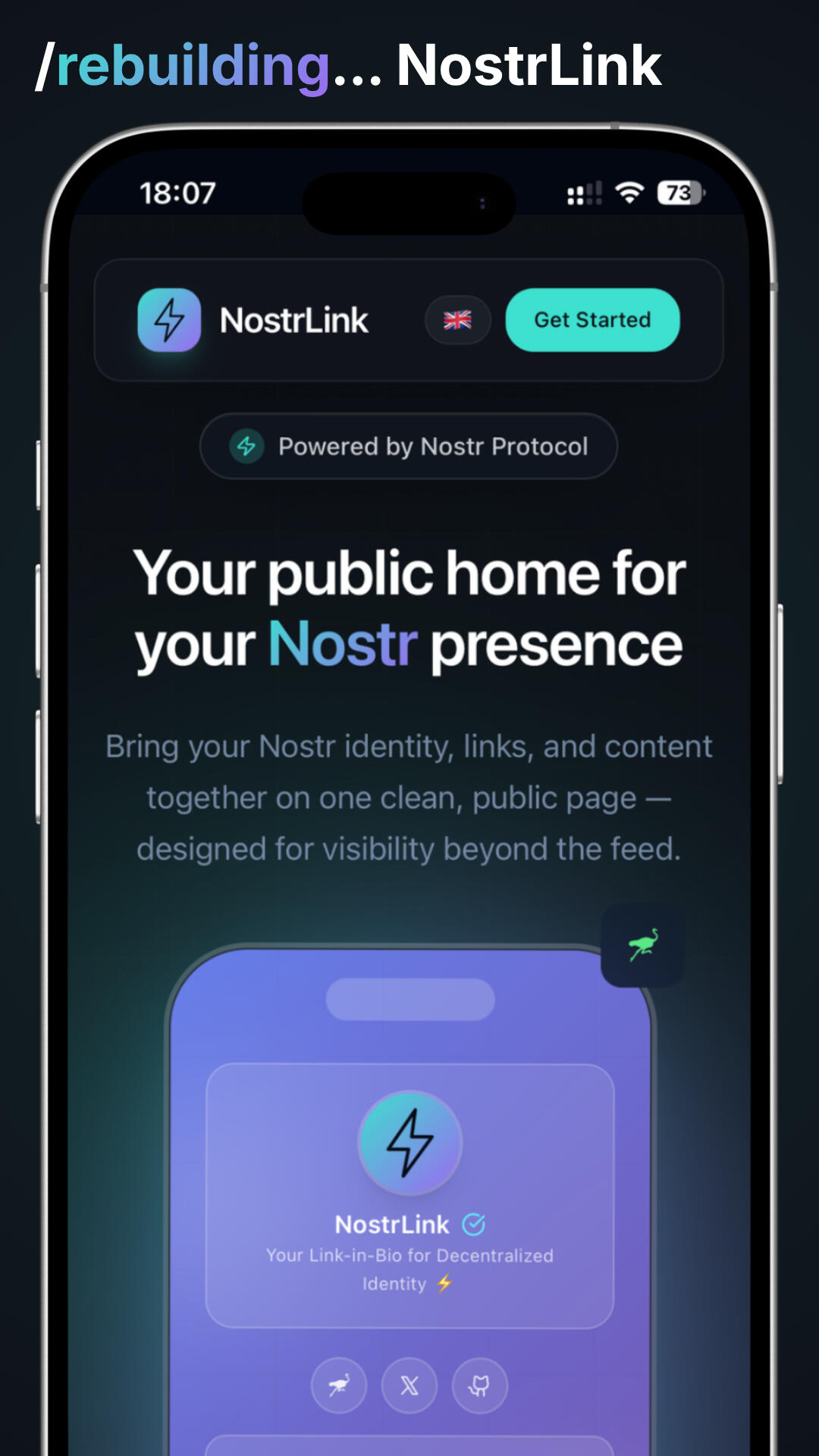 Phone mockup of the original NostrLink landingpage. Showing the claim "Your public home for your Nostr presence".